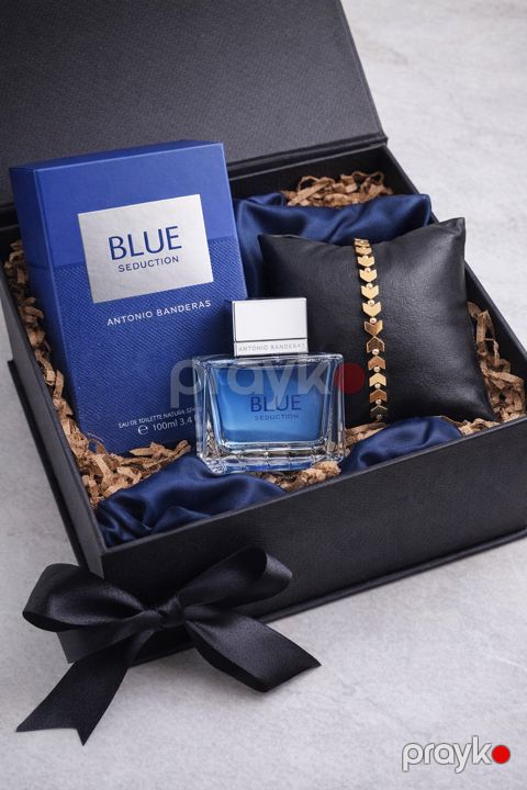Hədiyyə dəsti kişilər üçün Antonio Banderas Blue Seduction tualet suyu 100 ml + qolbaq 10 qızıl muncuqlar ilə, qızıl 585 əyar — Bakı