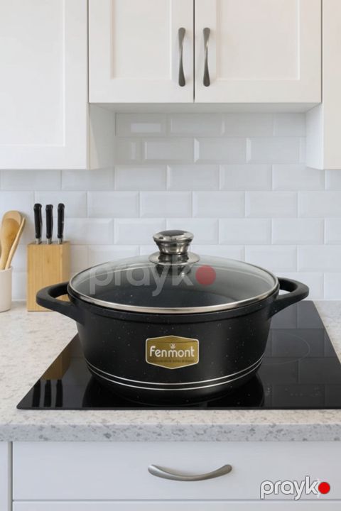 Qazan Fermont Granit, 32 sm, ağır, keyfiyyətli, bütöv tutacaqlı, yanmaya davamlı, yağsız istifadəyə uyğun, cızılmayan, paslanmayan, çatlamayan, qara - KahnMarket030180 — Bakı