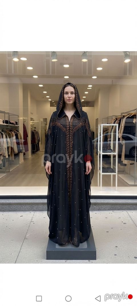 Qara kapüşonlu abaya - Rəng: dərin qara - Dizayn: Ön hissə boyunca və — Xaçmaz