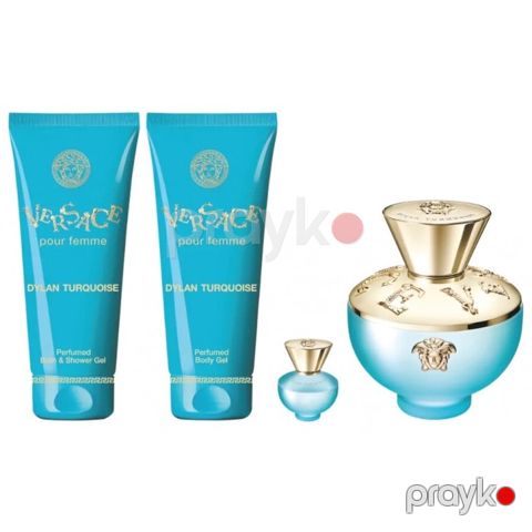 Versace Dylan Turquoise qadınlar üçün ətir dəsti (ətir suyu 100 ml + bədən losyonu 100 ml + duş geli 100 ml + mini ətir suyu 5 ml) — Bakı
