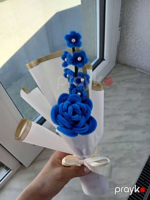 Mavi rəngli əl işı süni gül buketi - Material: yumşaq dekorativ — Digah