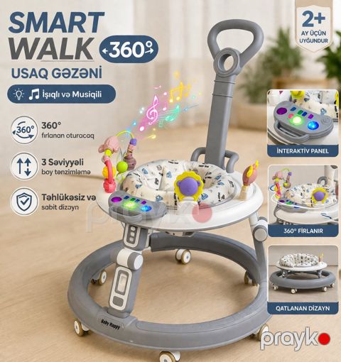 Uşaq yerimə arabası VİPBaby Smart edition, 360° fırlanan oturacaq, musiqi və işıq effektləri, boz — Bakı