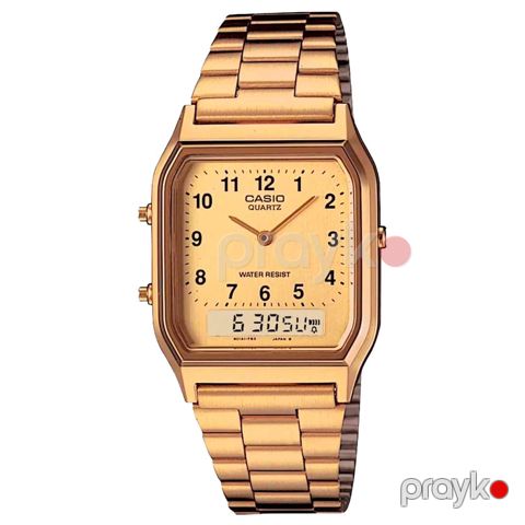 Kişi qol saatı Casio AQ-230GA-9BHDF Tamamilə qızılı rəngli, həm rəqəmsal, həm əqrəbli vaxt göstəricisi olan lüks retro saat - 4971850540502