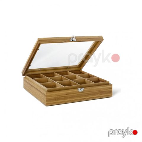 Çay paketləri üçün bölməli saxlama qutusu, bambuk, 12 bölmə, 268x285x78 mm, ağac rəngi - TB012BN — Bakı