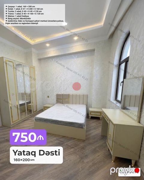 Yataq Dəsti – 160×200 sm Komplekt: - Çarpayı: 1 ədəd, 160×200 sm — Bakı