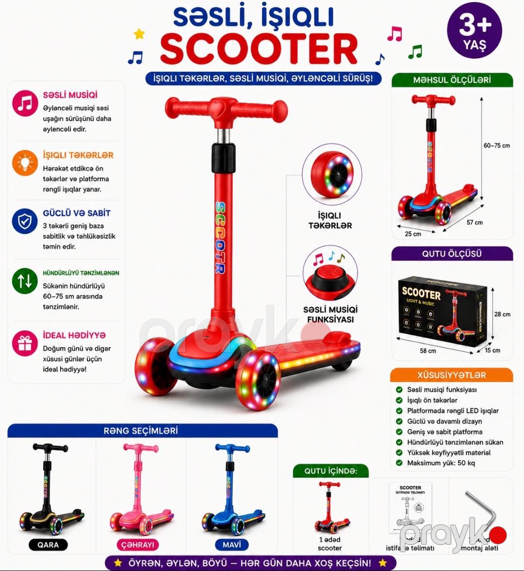 Uşaq üçün scooter ABC007/1_musiqili/işıqlı, 3 yaşdan yuxarı, çəhrayı — Mallar, Bakı (2)