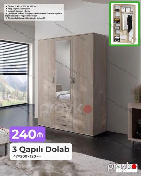 3 qapılı geyim dolabı Ölçülər: D 47 H 200 E 120 sm (47×200×120 — Bakı