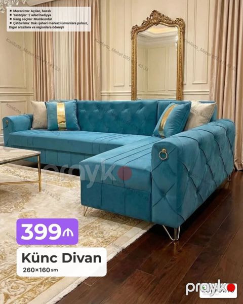 Künc Divan – 260×160 sm Mexanizm: açılan, bazalı (yataq və əşya — Bakı