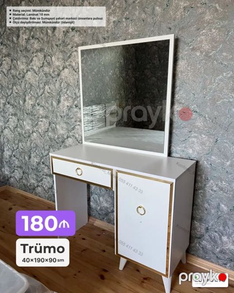 Trümo – 40×190×90 sm Ağ rəngdə, qızılı haşiyəli güzgülü trümo. Üst — Bakı