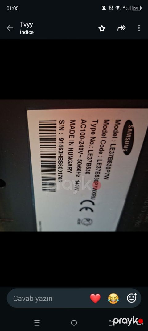 Samsung televizor Model: LE37B530P7W Type No: LE37B530 Ekran — Bakı