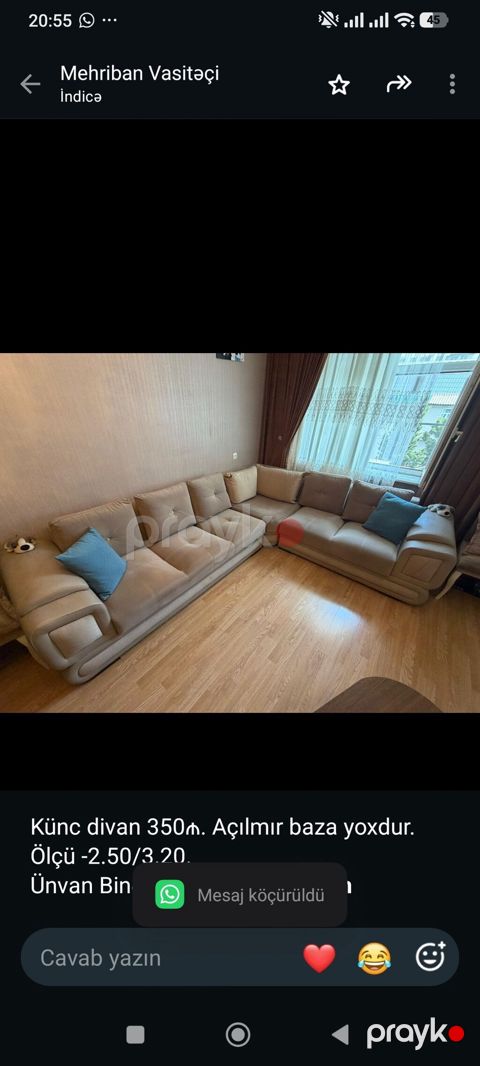 Künc divan 350₼. Açılmır baza yoxdur. Ölçü -2.50/3.20. Ünvan Binəqədi — Bakı