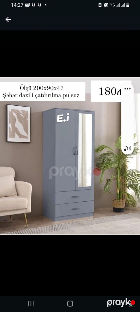 Güzgülü iki qapılı dolab - Ölçü: 200 x 90 x 47 sm - Rəng: boz - Ön — Sumqayıt