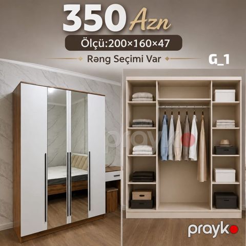 Yeni, 4 qapılı, Güzgülü, Ağ, Taxta, Açılan, Düz dolab — Digah