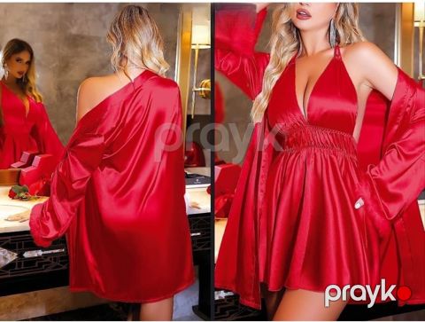 Qadınlar üçün gecə köynəyi dəsti ŞHN030, qırmızı, elastan/pambıq, ölçü L/XL — Bakı