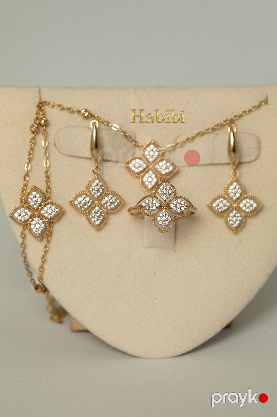 Zinət dəsti kulonlu zəncir, sırğa, qolbaq və üzük Habibi Jewellery HJ813, qızıl 585 əyar, 7.17 q — Mallar, Bakı (2)