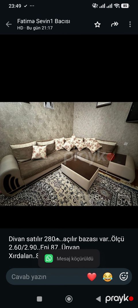 Divan satılır 280₼. açılır bazası var. Ölçü 2.60/2.90. Eni 87. Ünvan — Bakı