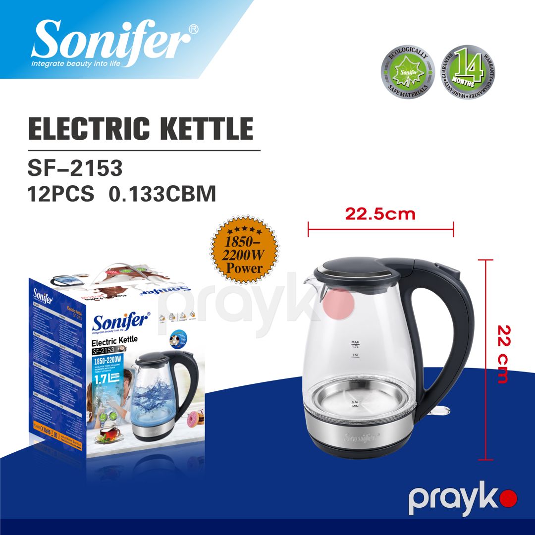 Sonifer SF-2153 Elektrik Çaydanı – 1.7L 2200W Şüşə Korpus — Elektrik çaydanları və termoslar, Bakı (2)