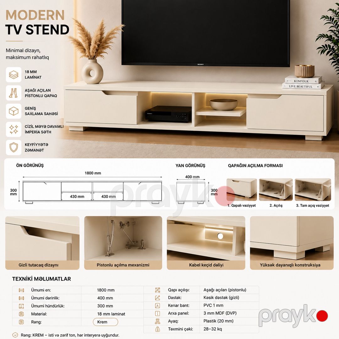 TV üçün tumba 0904, laminat, krem, 180x40x30 sm — Mallar, Bakı (3)