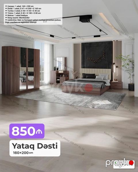 Yataq Dəsti – 160×200 sm Komplekt: - Çarpayı: 1 ədəd, 160×200 sm — Bakı
