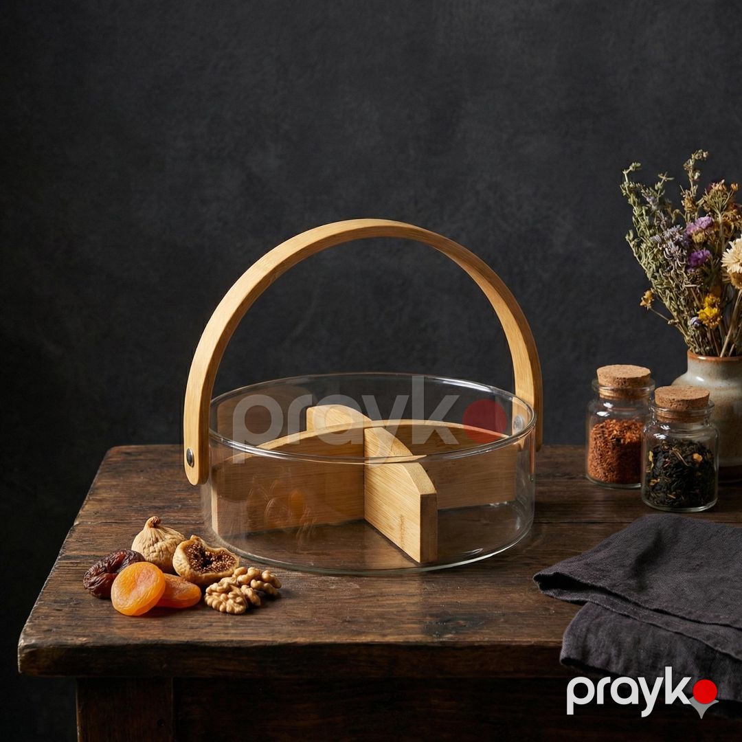 Çərəz qabı NS17, 4 bölməli, şüşə/bambuk, 18 sm — Mallar, Bakı (2)