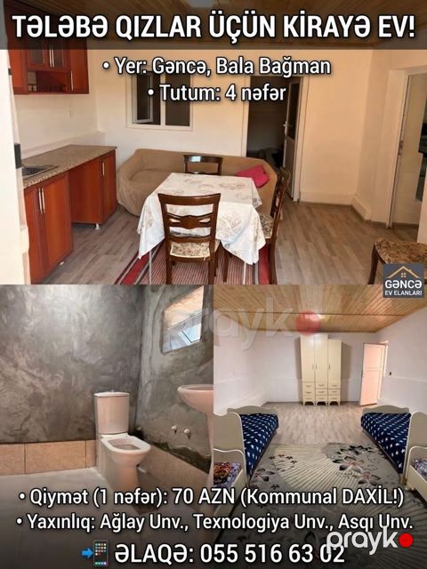 Tələbə qızlar üçün kirayə ev Yer: Gəncə, Bala Bağman Tutum: 4 nəfər — Bakı