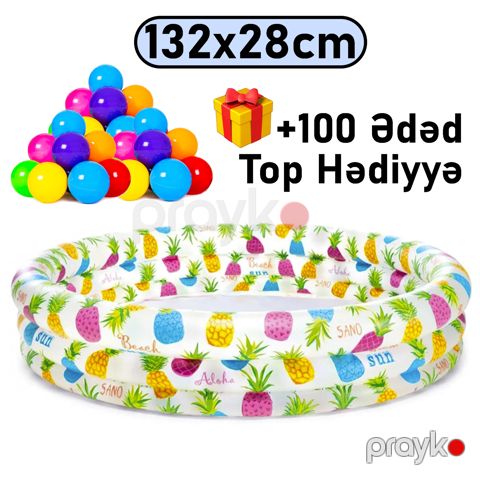 Uşaqlar üçün şişmə hovuz Intex 248TX59431T100, rəngbərəng, 132x132x28 sm, 248 l + 100 ədəd top hədiyyə — Bakı