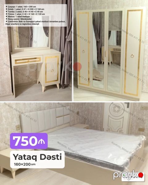 Yataq dəsti – 160×200 sm Komplekt: - Çarpayı: 1 ədəd, 160×200 sm — Bakı