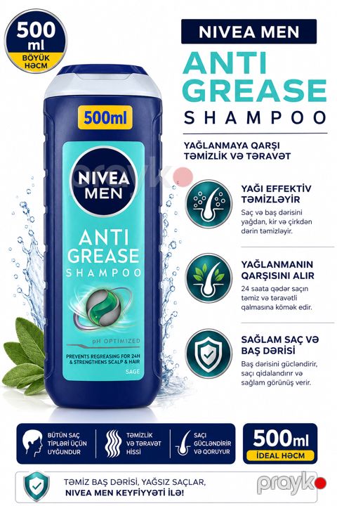 Şampun kişilər üçün Nivea Men Anti Grease, 500 ml — Bakı