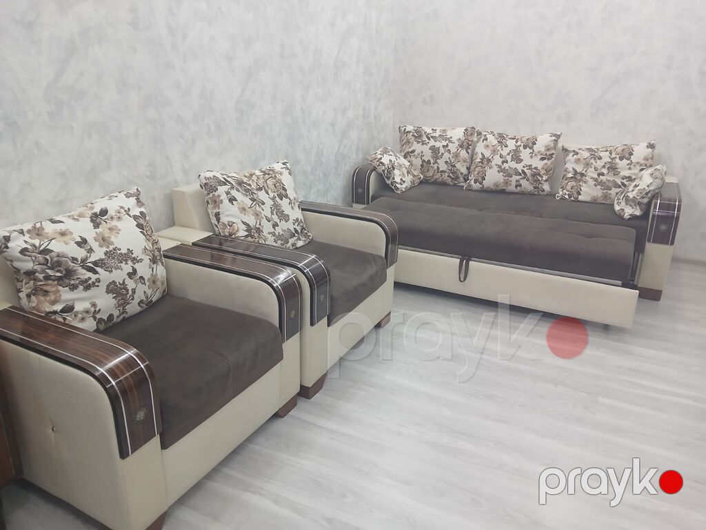 Qonaq otağı üçün 3-lü dəst: divan + 2 kreslo - Rəng: krem + qəhvəyi — Yumşaq mobilya dəstləri, Sumqayıt (2)