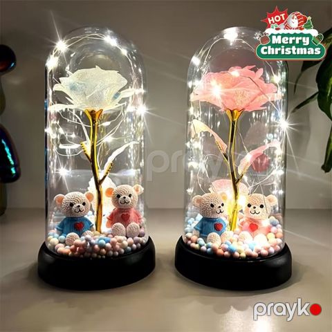 LED İşıqlı Şüşə Fanusda Romantik Gül və Cütlük Ayılar Suveniri — Bakı