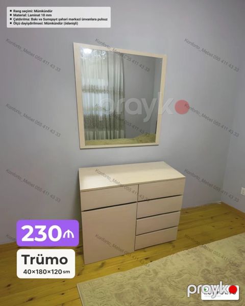 Trümo dəsti – güzgü və çekmecəli komod Xüsusiyyətlər: - Ölçü — Bakı