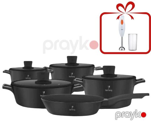 Qazan dəsti Berllong BOS SET-09_RB, qranit, qara, 20/24/28 sm, 9 parça + əl blenderi hədiyyə — Bakı