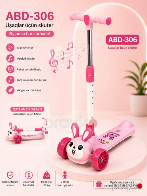 Skuter Bugsbunny 306 Musiqili və İşıqlı Çəhrayı — Bakı