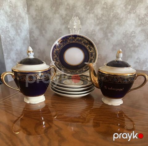Çay dəsti, rəng - Göy, Farfor, 6 nəfərlik, Rusiya — Bakı