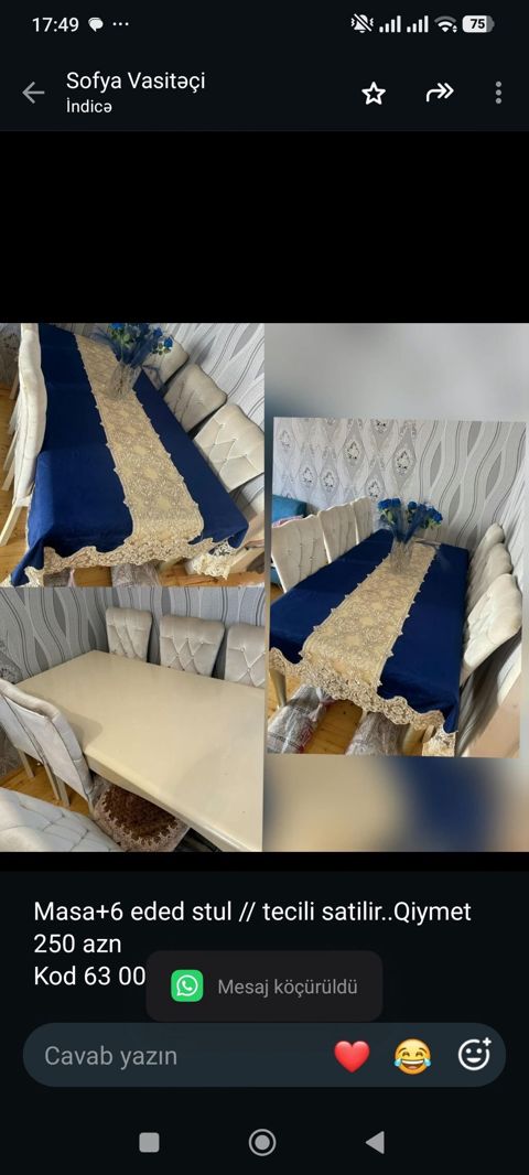 Masa+6 eded stul satilir. Qiymet 250 azn Kod 63 00r unvan — Aişə Xanım — Masalar və stullar