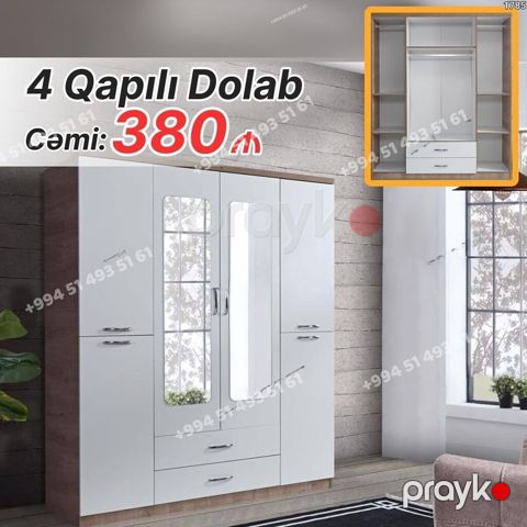 Yeni, 4 qapılı, Güzgülü, Ağ, Açılan, Düz dolab — Bakı