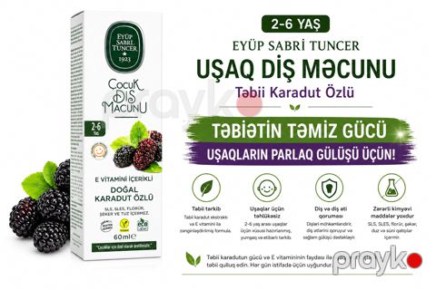 Uşaq diş məcunu Eyup Sabri Tuncer, TORY-001892, 60 ml, 2-6 yaş, Qara tut, Kariyesə qarşı qulluq, Möhkəmləndirici, Təmizləyici, Dişlərin ağlığı, Diş əti sağlamlığı — Bakı