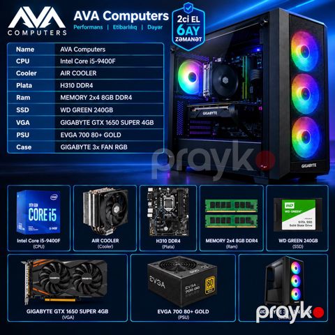 Gamıng PC Intel Core i5, GTX 1650 Super 4GB, SSD 240GB, RAM 8GB DDR4 — Bakı