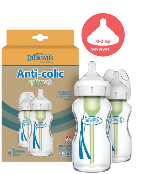 Köp və sancı əleyhinə şüşə enliboğaz dəst butulka 270 ml səviyyə 1 (0-3ay), əmzik başlıqlı Dr. Brown's — Bakı