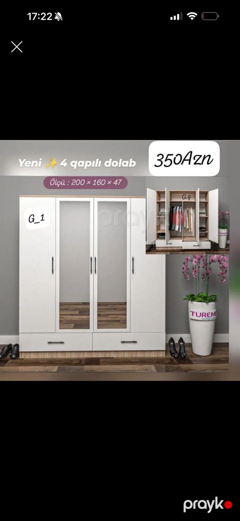 4 qapılı paltar dolabı - Ölçü: 200 160 47 sm - Rəng: ağ (açıq — Bakı
