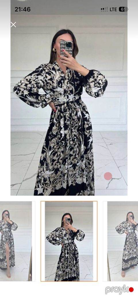 Qara rəng üzərində krem-ağ floral printli uzun don. - Model: maxi — Bakı