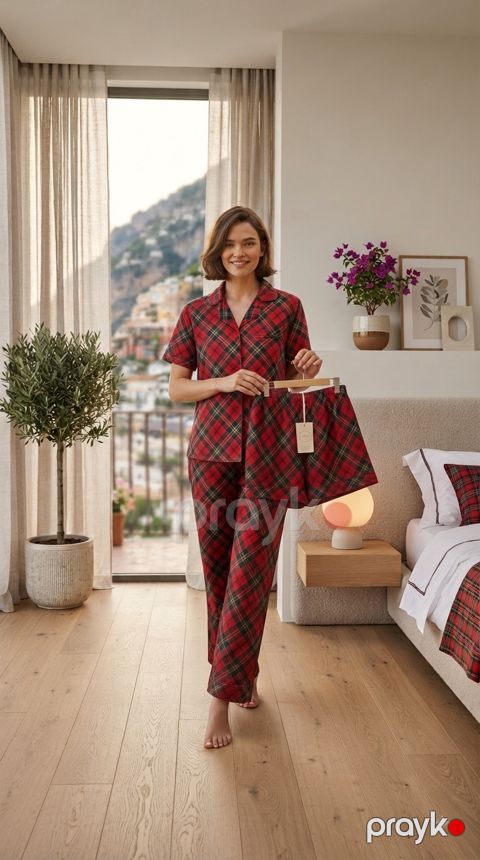 Qadınlar üşün şalvar və şortlu pijama dəsti, qırmızı, pambıq, ölçü L — Bakı