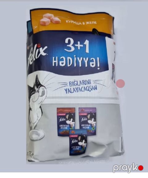Felix nəm yem 3 üstəgəl 1-balıq,dovşan,mal əti,toyuq əti ilə tomatsız jelede tikələr 4x75qr — Bakı