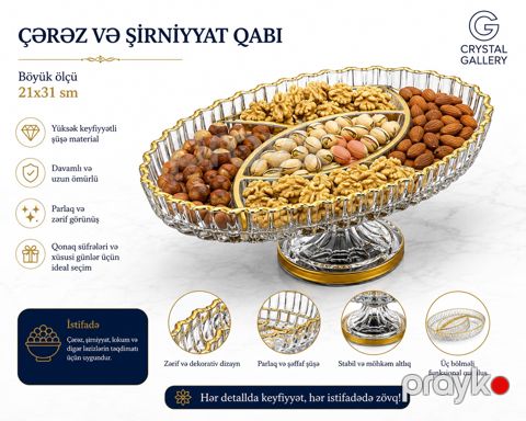 Çərəz qabı Crystal Gallery, şüşə, 26 sm, 800 ml — Bakı