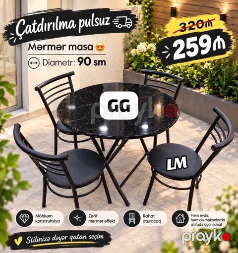 Mərmər masa – diametr: 90 sm - Zərif mərmər effektli dairəvi stol — Bakı