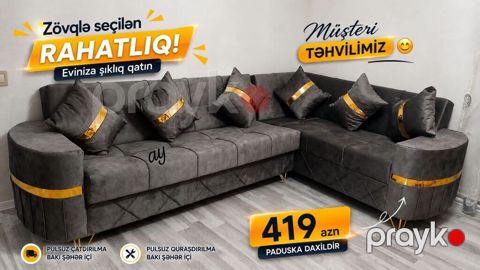 Müasir dizaynlı L formalı yumşaq künc divan. Tünd boz rəngli parça — Bakı