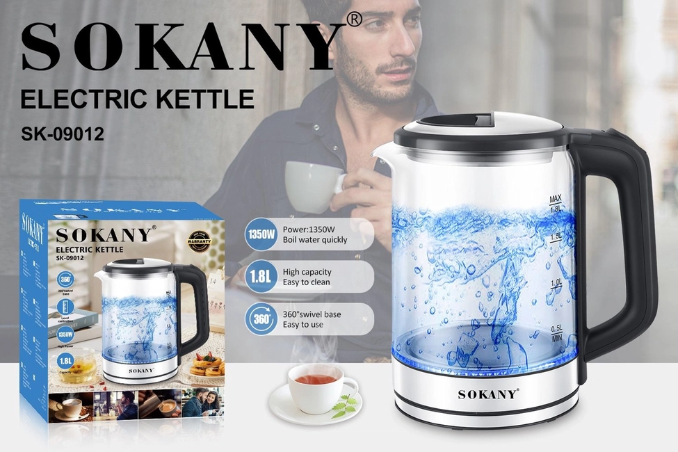 Sokany SK‑09012 Elektrik Çaydan – 1.8 L, Şık Black/Silver Dizayn — Elektrik çaydanları və termoslar, Bakı (2)