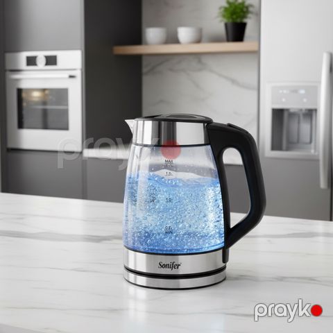 Sonifer SF-2136 Elektrikli Şüşə Çaydan 1.7L 2200W LED İşıqlı və Paslanmaz Polad Qapaqlı — Bakı
