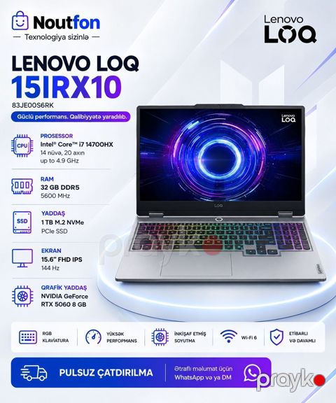 Yeni Lenovo LOQ, 15.6 Intel Core i7, 1 TB — Bakı