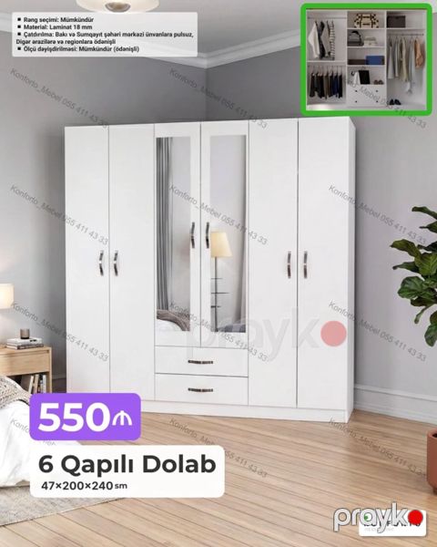 6 qapılı dolab – funksional və zərif dizayn - Ölçü: 47×200×240 sm — Bakı